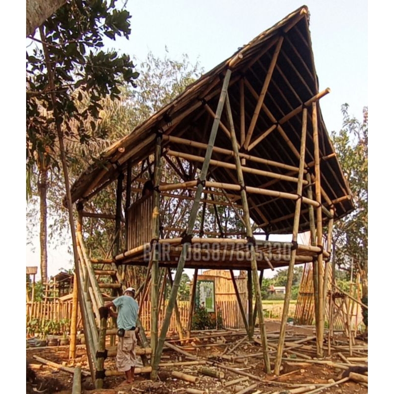 Gazebo bambu tingkat model terbaru lantai oval/ gazebo bambu siap pasang/gazebo murah