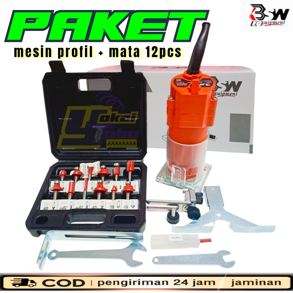 SET PROFIL + MATA Trimmer 550W 1/4" 6 MM PLUS Mata Profil 12pcs 6.35mm Mesin Router Trimer Kayu