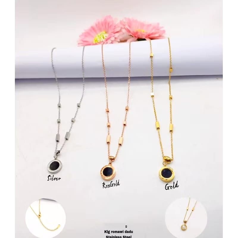 KALUNG WANITA TITANIUM ASLI LIONTIN BULAT HITAM ELEGAN