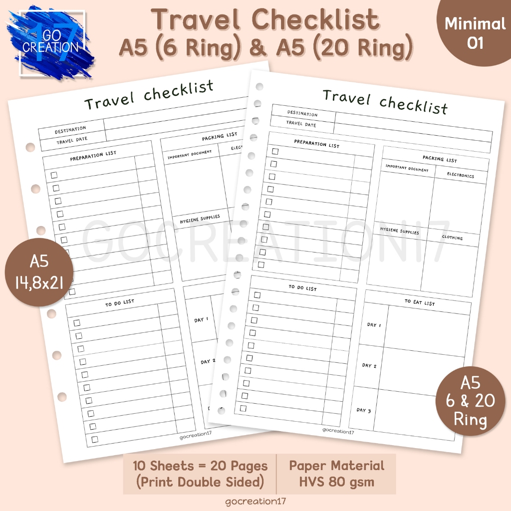 

Buku Planner Kertas Isi Binder Travel Checklist Tracker Simple Minimalis A5