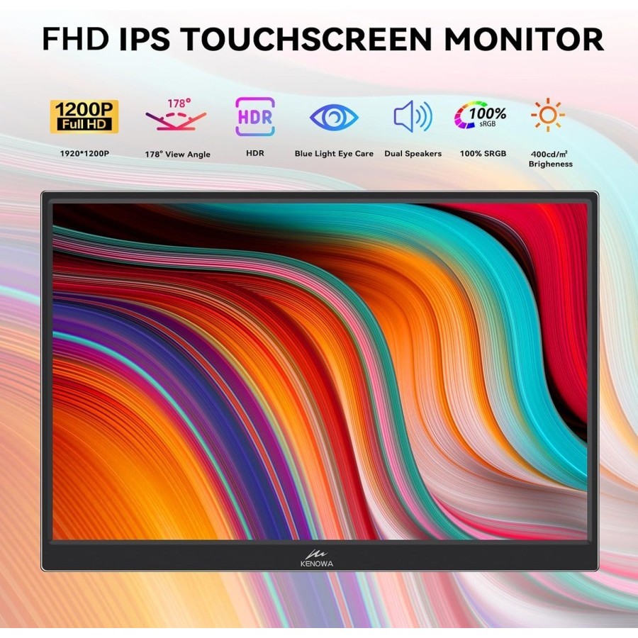 Kenowa Monitor Portabel Layar Sentuh 14 Inci FHD 1920x1200P IPS Monitor Laptop USB C Port HDMI Monit