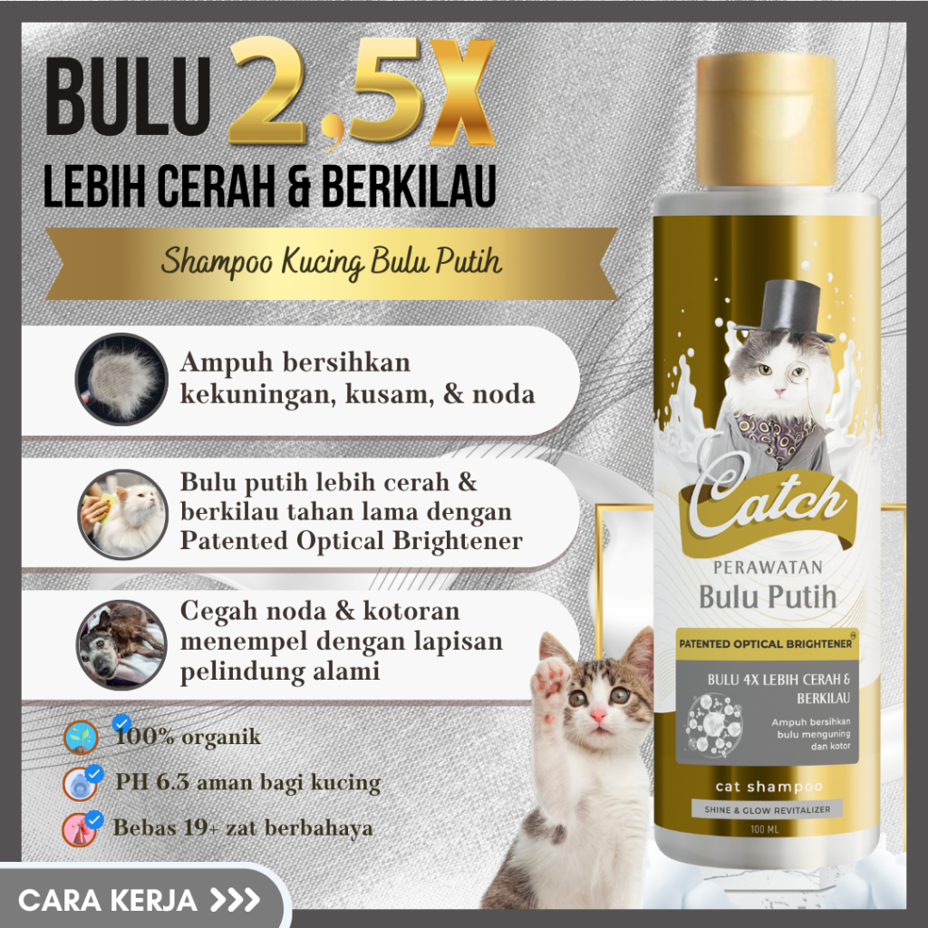Catch - Shampo Kucing Bulu Putih - Bulu 2,5x Lebih Cerah & Berkilau dengan Optical Brightener