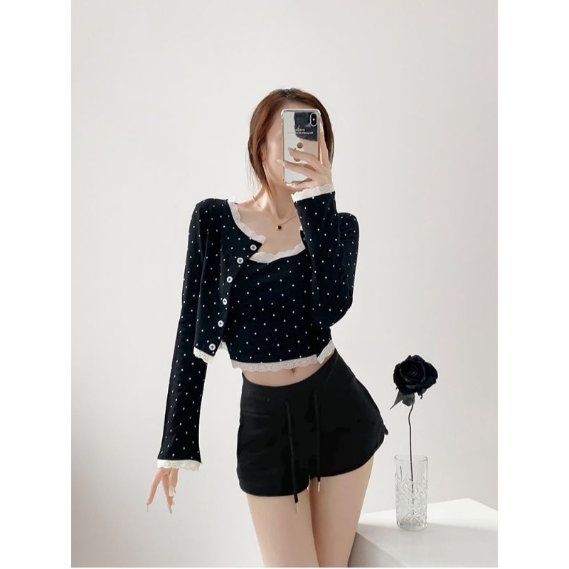 Bhusana Castle 76244 ONE SET small dot sweet lace crop cardigan + tank top / setelan cardigan crop d