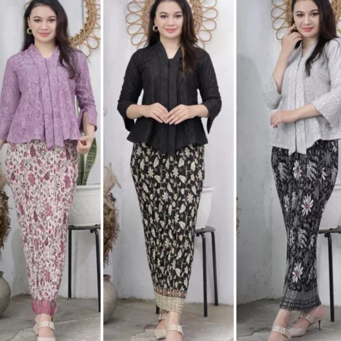 HJ6 SETELAN KEBAYA MODERN FLOY KUTU BROKAT DAN ROK PLISKET BATIK PANJANG DEWASA  BAJU KEBAYA MUSLIM 