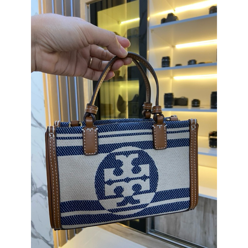 Authentic Preloved Tory Burch Ella Mini Tote Canvas Navy Natural Sling Bag Shoulder Bag