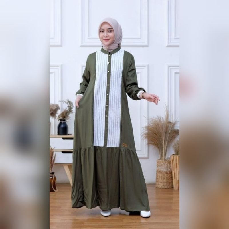 Kayla Dress / Gamis Rayon Twill Premium Kombinasi Salur Katun Haruka