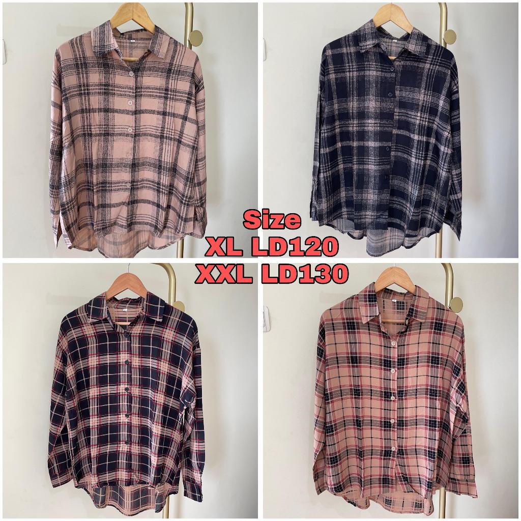 Atasan Kemeja Blouse Wanita Motif Kotak Flanel Full Kancing Bahan Rayon LD 120 dan LD 130 Lengan Pan