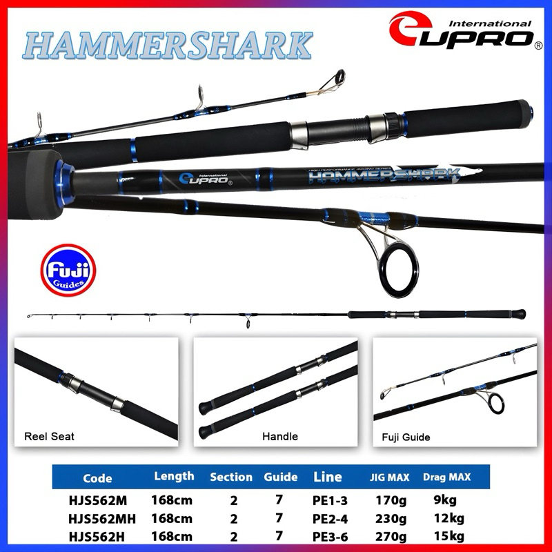 Joran Eupro HAMMER SHARK Rod Spinning / Overhead 562 / 165cm - Pancing Jigging Dasaran cincin Fuji