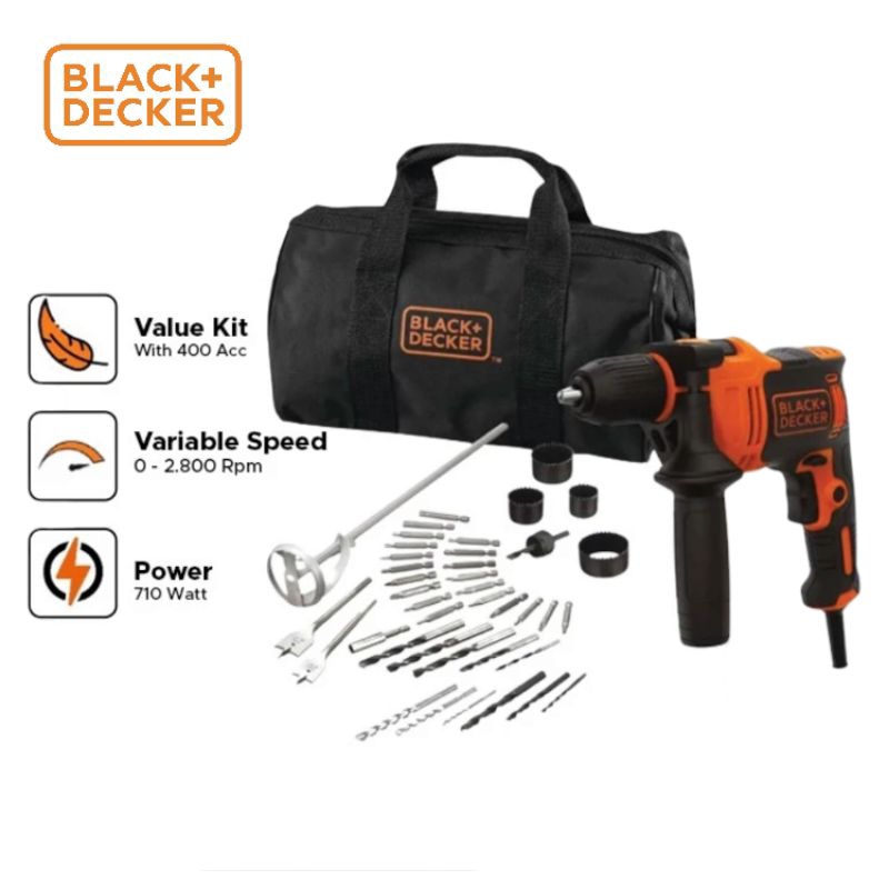 Bor Black Decker BEH710SA40 Bor Listrik Hammer Drill + Aksesoris 40pcs