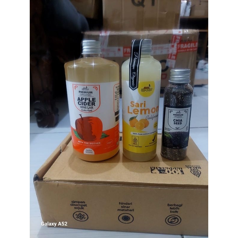 

PAKET DIET COMBO || CUKA APEL 500 ML || SARI LEMON MURNI CALIFORNIA 250 ML || PLUS CHIASEED 70 GR BY SUUR LEMOEN ID