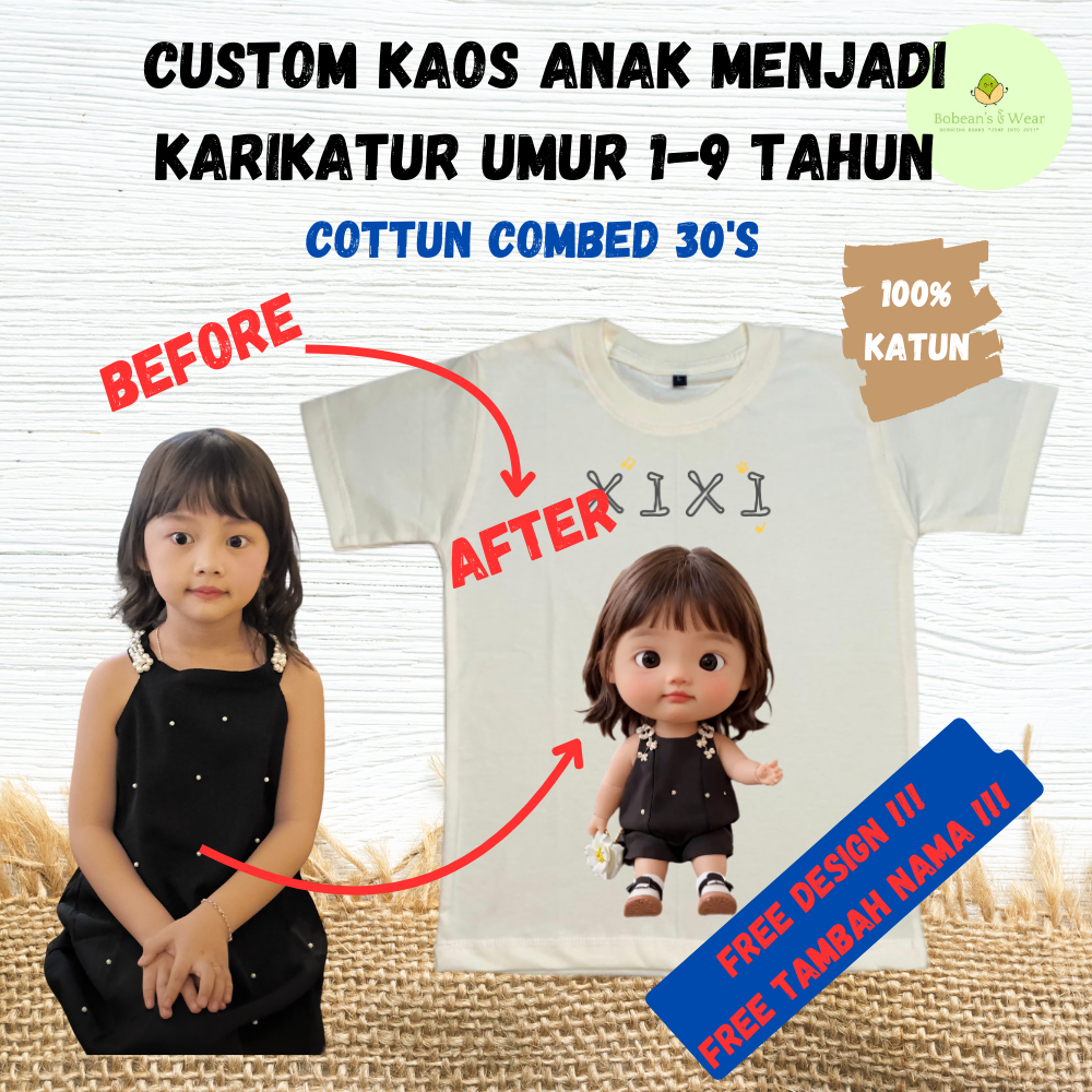 Bobeans Kaos Unisex Anak 1- 9 Tahun Custom Karikatur 100% Bahan Cottun Combed 30's Premium / Baju Ul