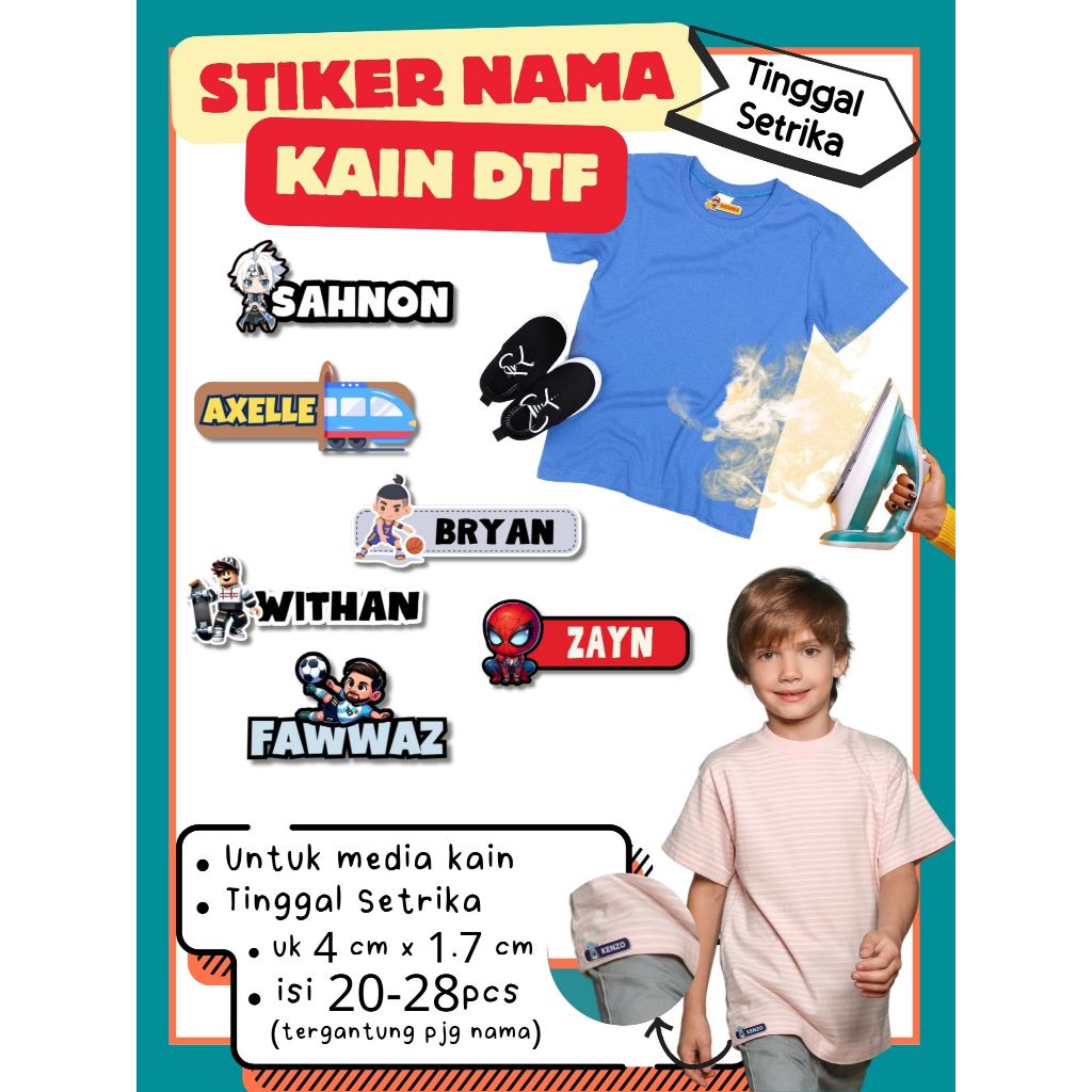 

STIKER LABEL NAMA KARAKTER KAIN BAJU TOPI SARUNG KAOS CELANA DASI SABLON TINGGAL SETRIKA DTF CUSTOM MURAH