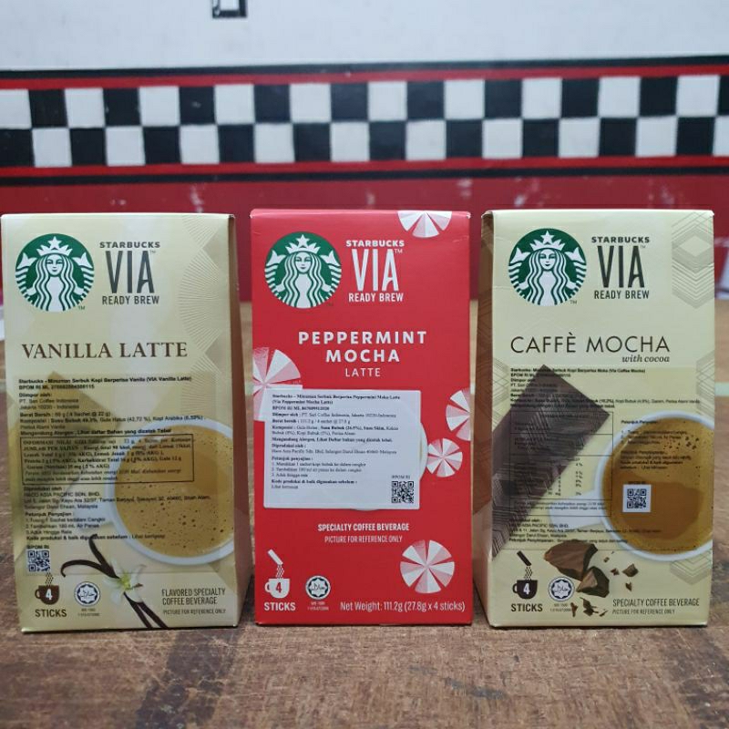 

Starbucks Via peppermint mocha latte / vanilla late / cafe mocha isi 4 stik