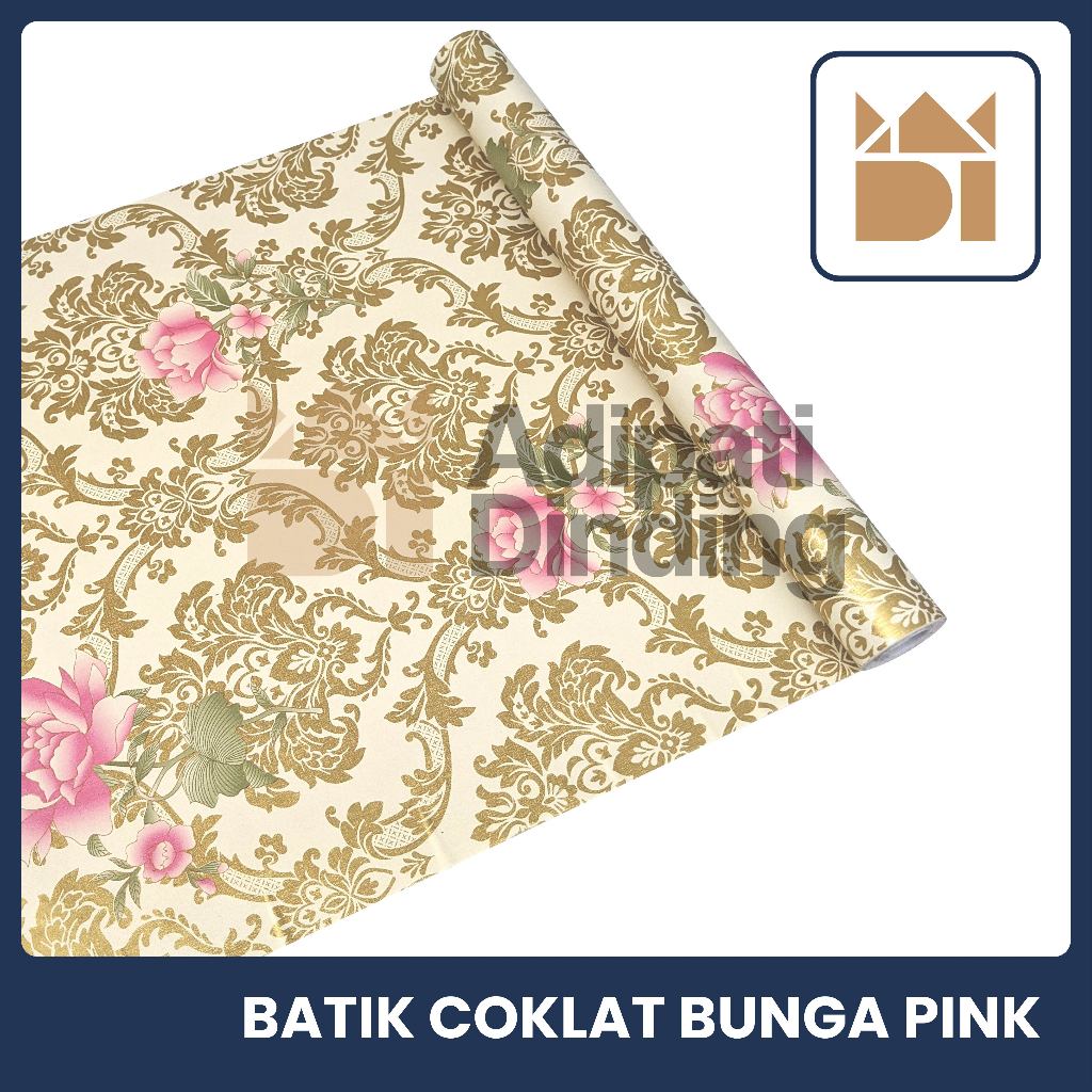 Wallpaper Stiker Dinding Motif Batik Coklat Bunga Pink, Wallpaper Stiker Dinding Motif Batik Coklat