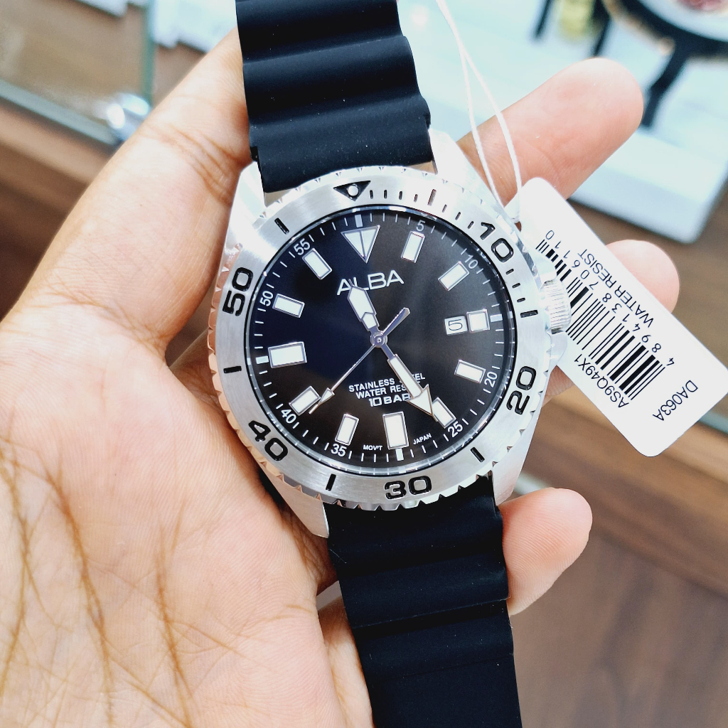 JAM TANGAN PRIA ALBA AS9Q49X1 AS9Q49 SILVER BLACK RUBBER ORIGINAL GARANSI RESMI 1TAHUN