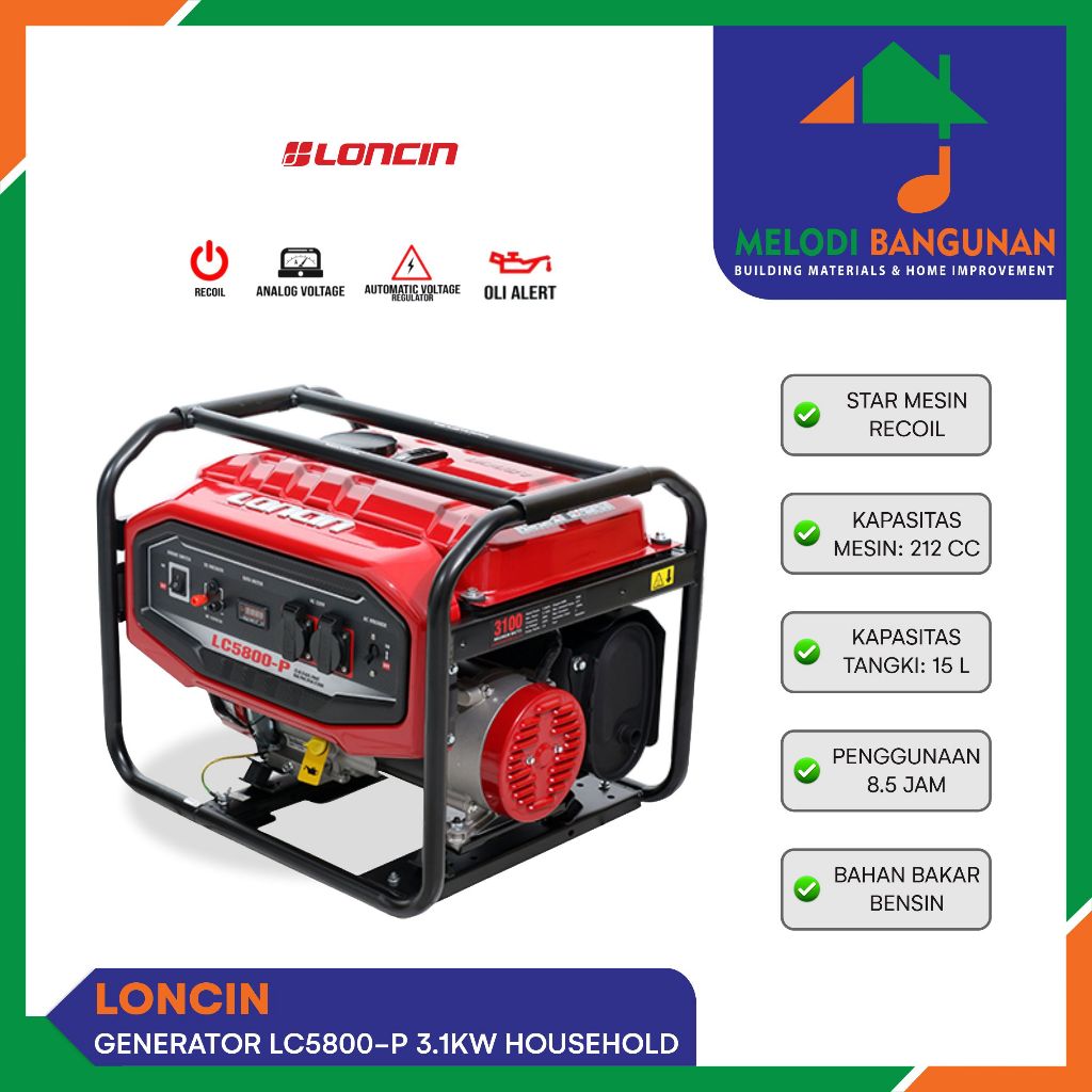 Loncin - Mesin Genset Generator Listrik Bensin Lc 5800 P Lc5800P 3100 W