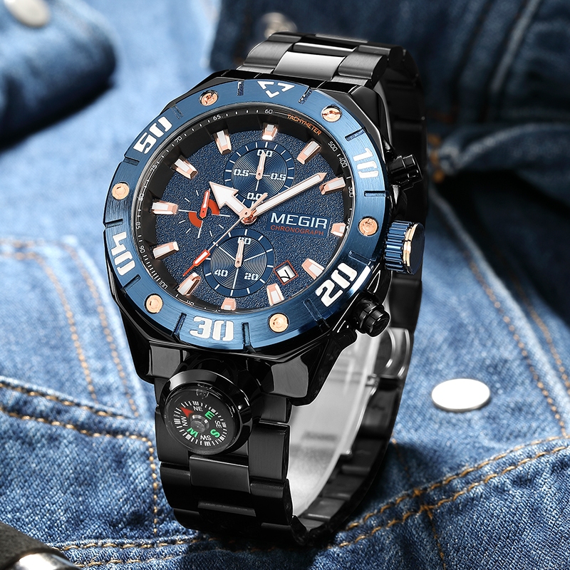 Jam Tangan MEGIR 2219 Chrono Aktif dengan Kompas Stainless Steel Anti Air - Analog Bulat