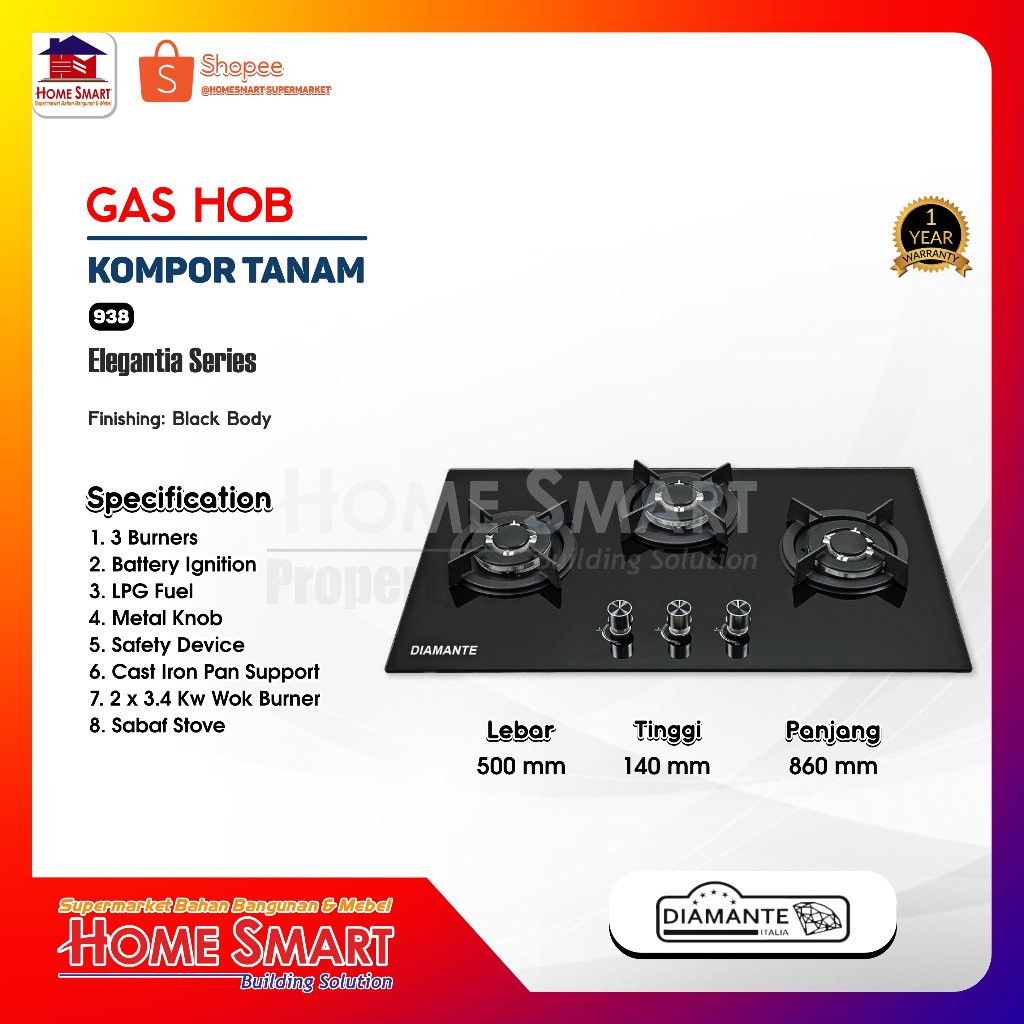 Kompor Diamante ELEGANTIA 938 Built In Gas Hob