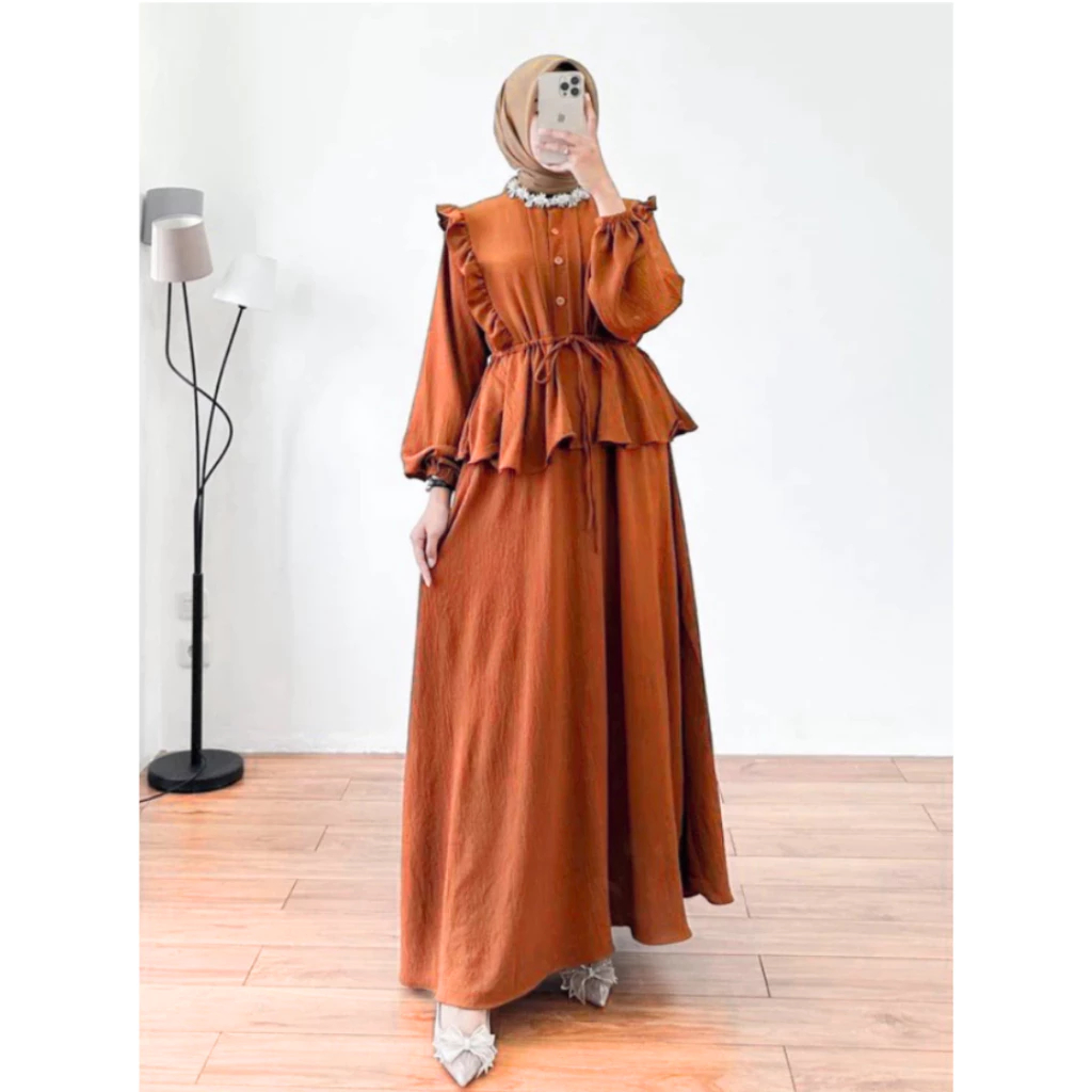 Dress Ivana Rosaline Maxi Ruffle Busui | Slavina Gamis Polos Crinkle Airflow Wanita Maxy Kekinian