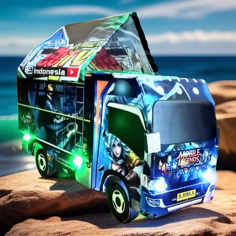 promo miniatur truk oleng biru mainan full lampu spesial murah