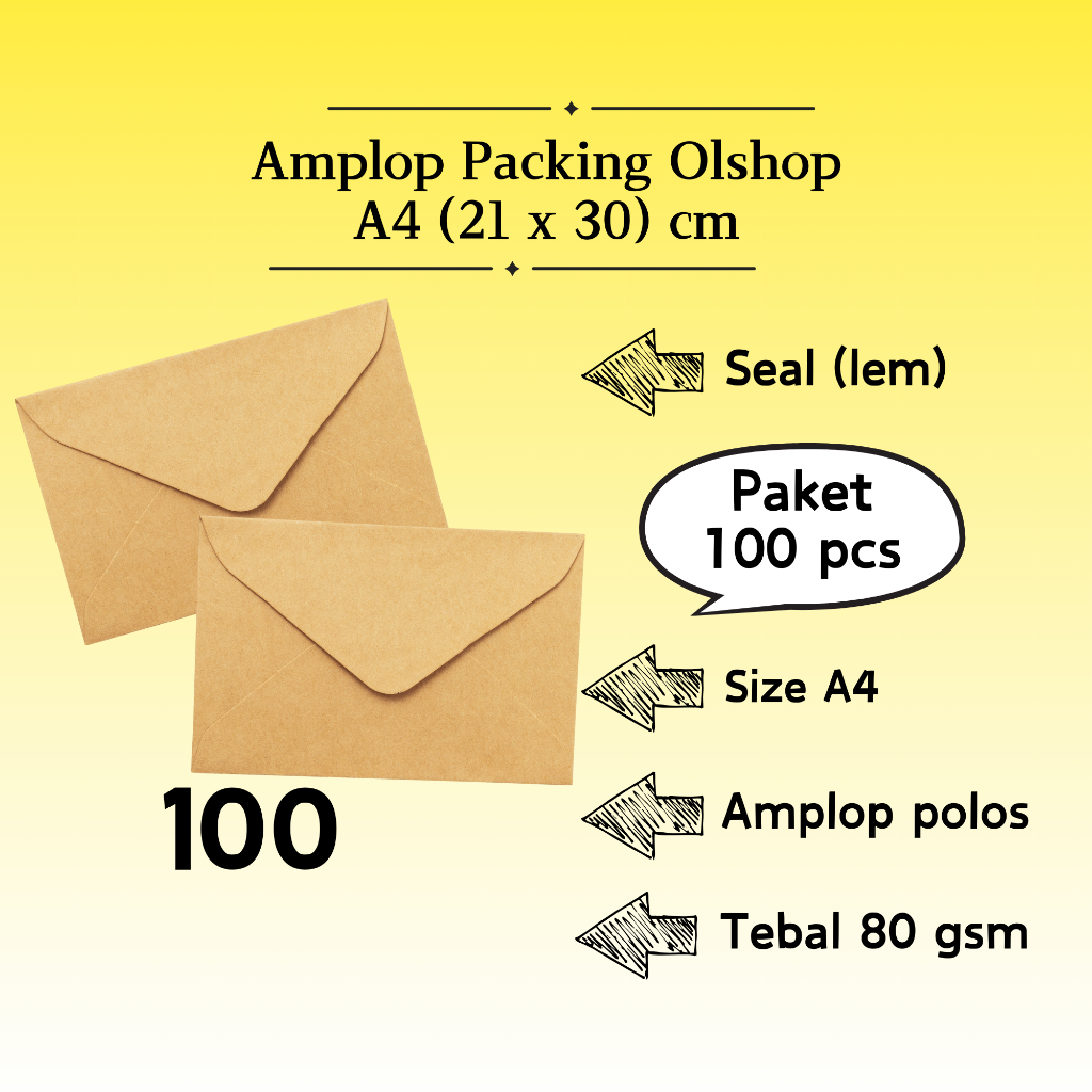 

100 Pcs Baronial - Amplop Packaging Kraft Potrait Amplop Klasik Coklat Polos Seal (Pakai Lem) A4 21 x 30 cm