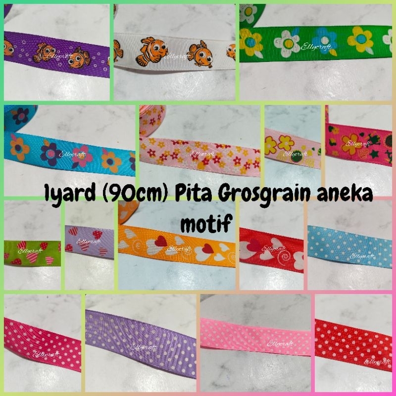 

1yard (90cm) Pita Grosgrain motif love,bunga,ikan dan polkadot 2,5cm/pita kado/pita hampers