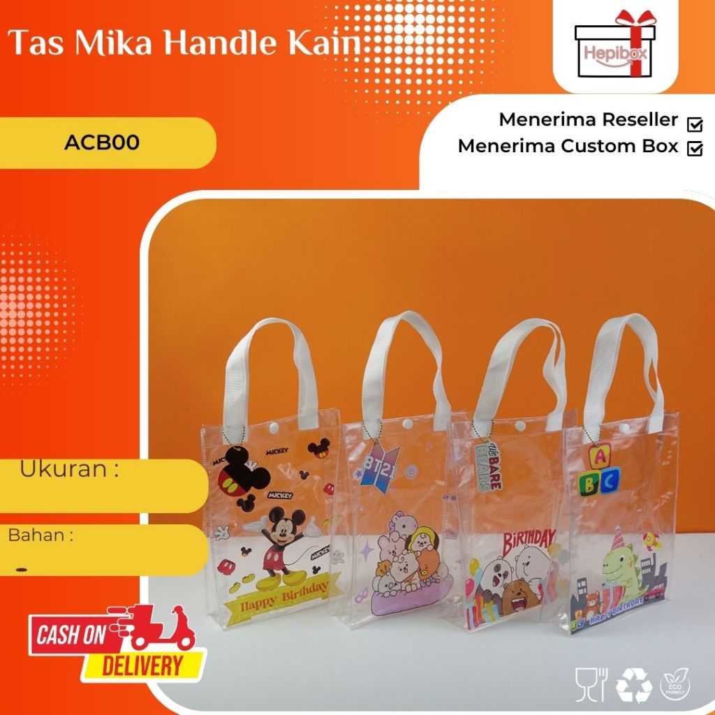 

Tas Mika PVC / Tas Mika PVC Transparan / Tas Bening / Tas Transparan / Tas Hampers / Goodiebag Transparan / Goodiebag Bening ACB01 - ACB02