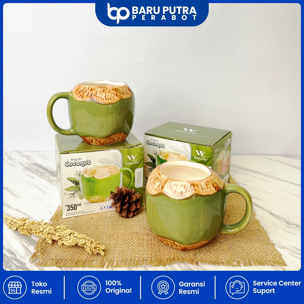 Cangkir Kelapa Muda Hijau Keramik / Coconut Mug Ceramic White Line 350mL (Harga Satuan)