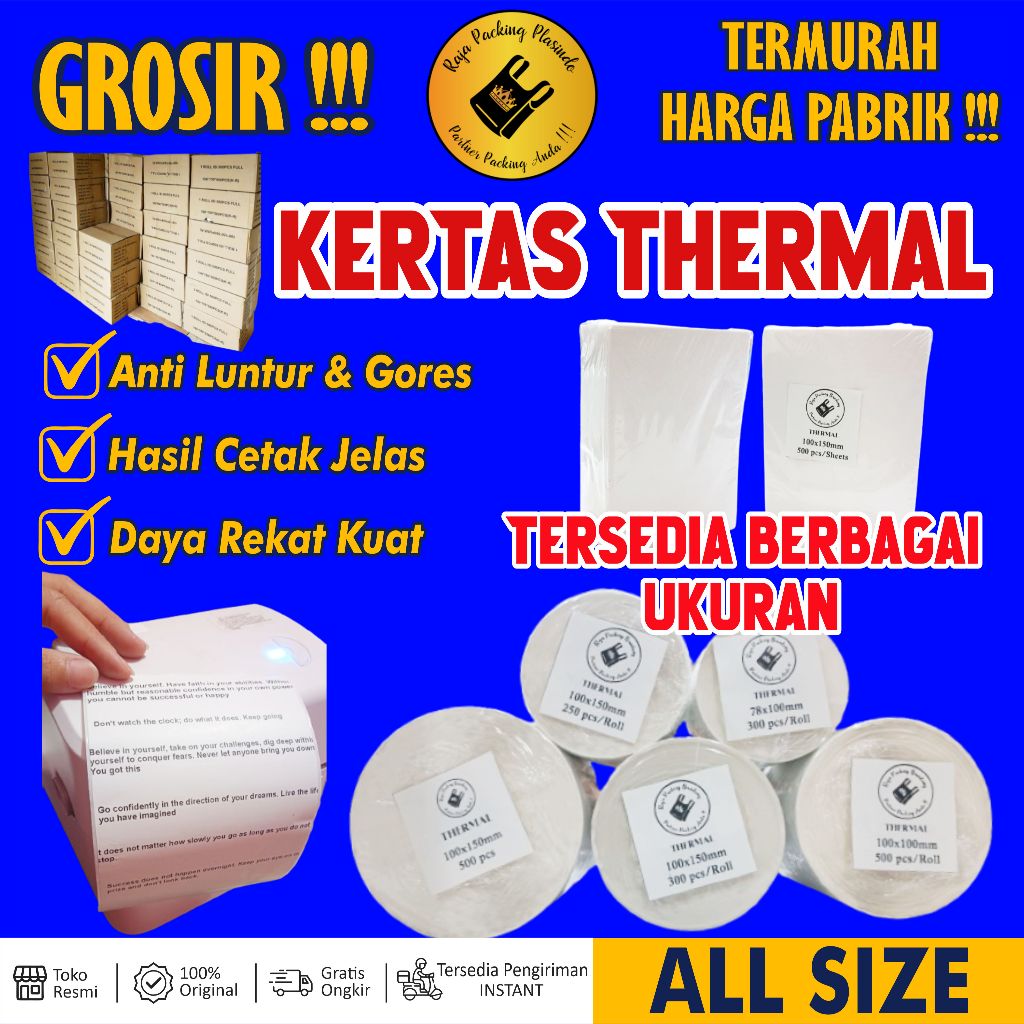 

SLM7 (KHUSUS GOSEND ) Kertas Thermal Per DUS ukuran 78x100, 100x100, 100x150 Label Thermal resi