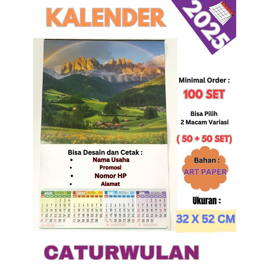 

100 SET KALENDER (CETAK MERK ,ALAMAT , FREE DESAIN NAMA USAHA ) CATURWULAN ( 3 LEMBAR ) UKURAN 36 X 52 CM ( HANYA 1 WARNA )