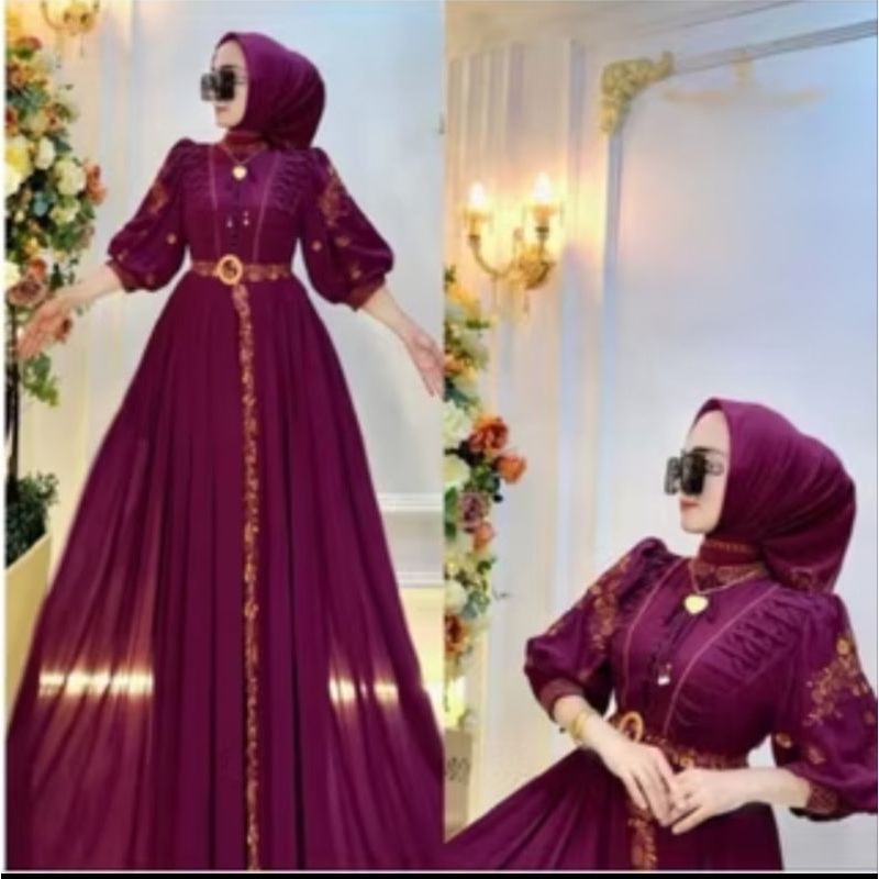Gamis Muslim Wanita Remaja Kekinian Dinda Dres Mat Ceruty aplikasi Bordir Gaun Pesta Super Mewah XXL