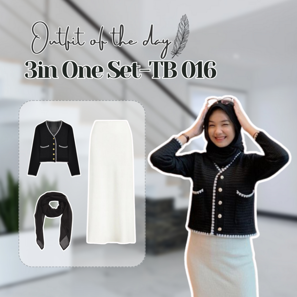 OOTD Korean Style Monokrom Outfit Hijab 3 In One SET Cardigan Rajut Korea dan Rok Span TB 016