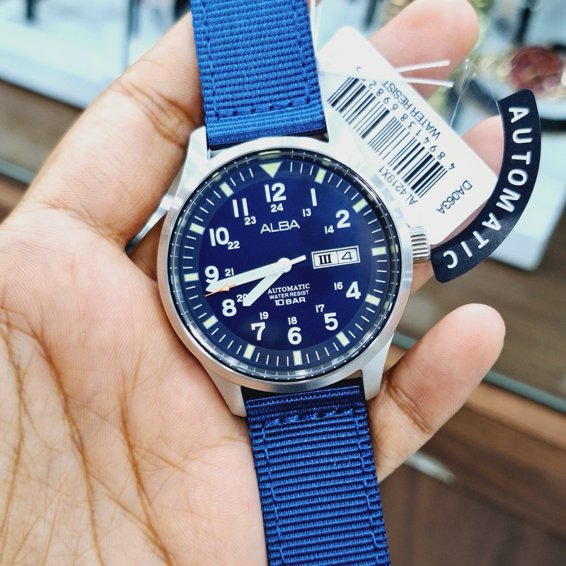 JAM TANGAN PRIA ALBA AL4219X1 AL4219 AUTOMATIC NYLON DIAL BLUE ORIGINAL