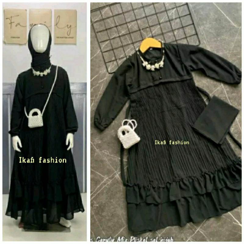 GAMIS MUSLIM ANAK PEREMPUAN HITAM SET JILBAB USIA 5 SAMPAI 13 TAHUN TERLARIS FASHION MUSLIM