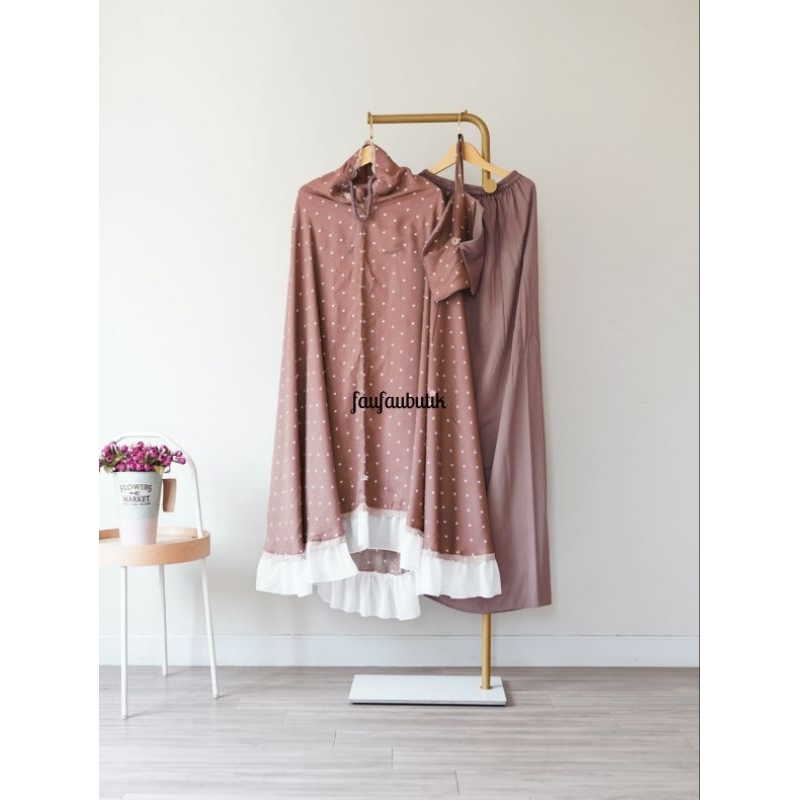 Mukena Rempel Coklat Dusty tali karet faufau