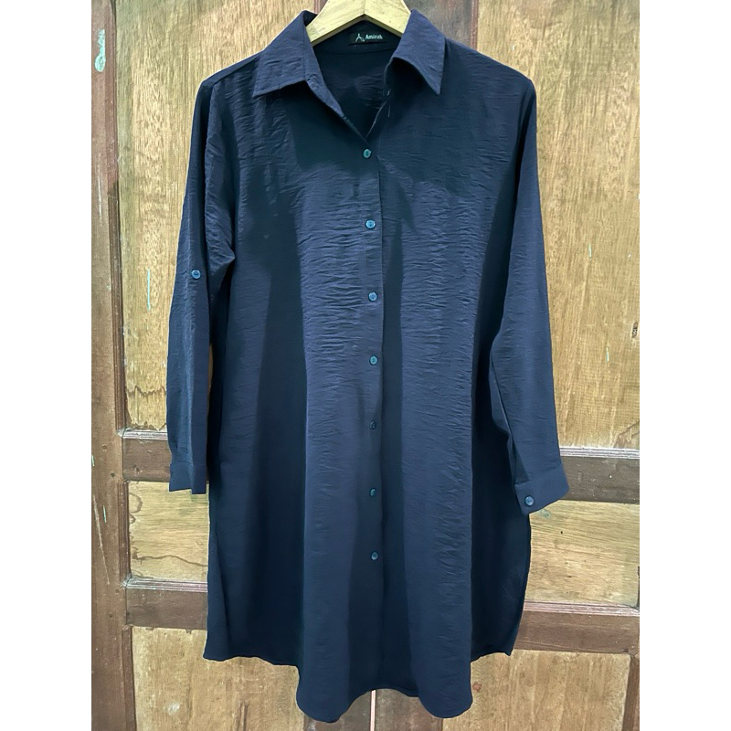 tunik navy, bahan crinkle premium
