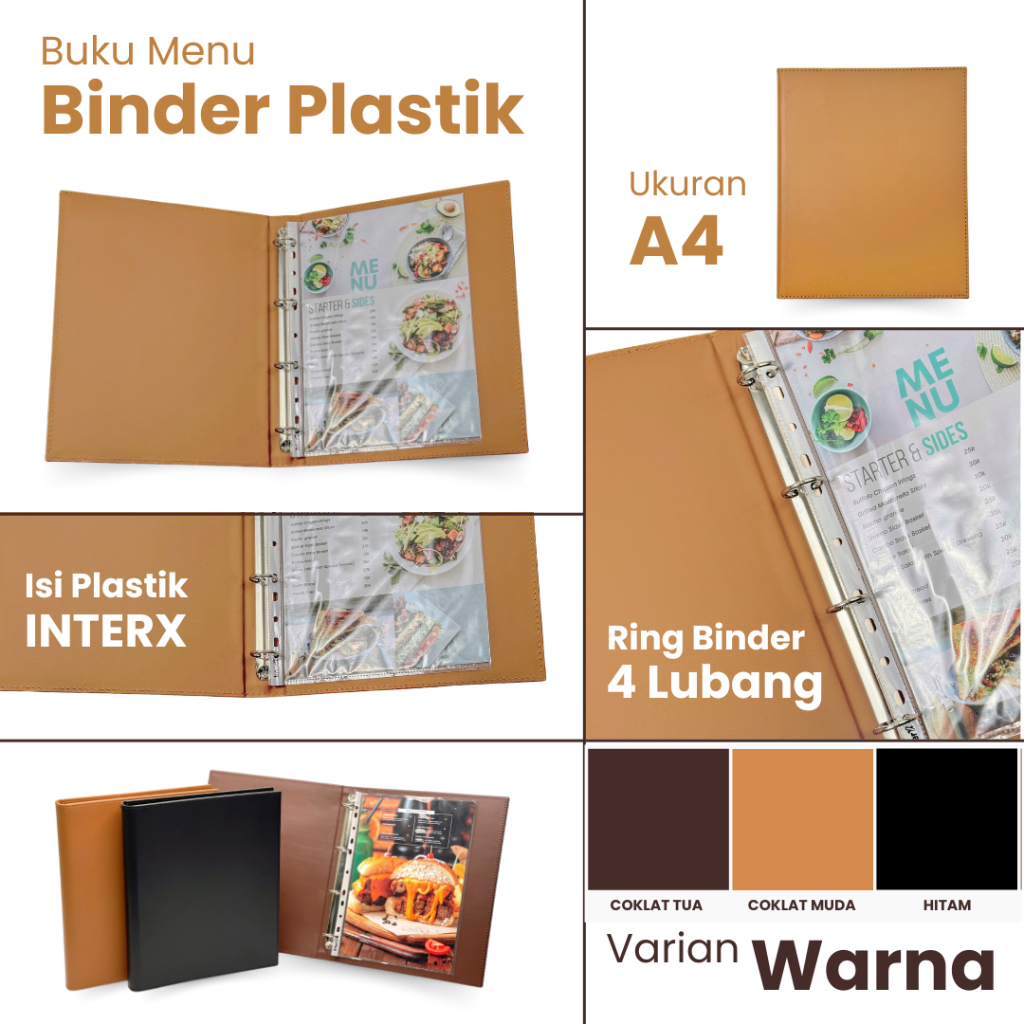 

RB Buku Menu Jakarta - Buku Menu Kulit Ring Binder 4 lubang Isi Plastik A4 Hitam, Coklat Muda,