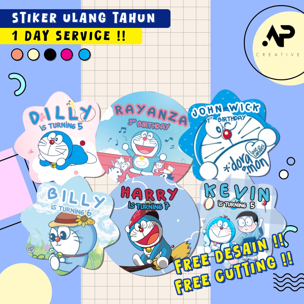 Stiker Ulang Tahun DORAEMON EDITION | Stiker Label Ulang Tahun Anak CUSTOM NAMA | Stiker Ultah Anak 