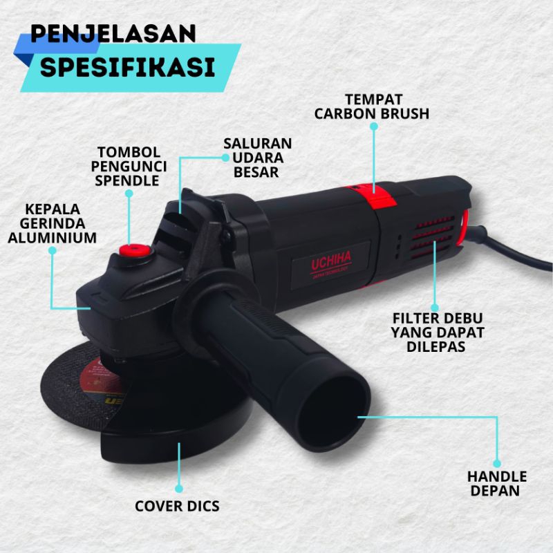 Paket Mesin Gerinda UCHIHA Tipe 802 Bonus Mata Potong, Poles, Piringan Amplas, Amplas (5pcs) | BISA 