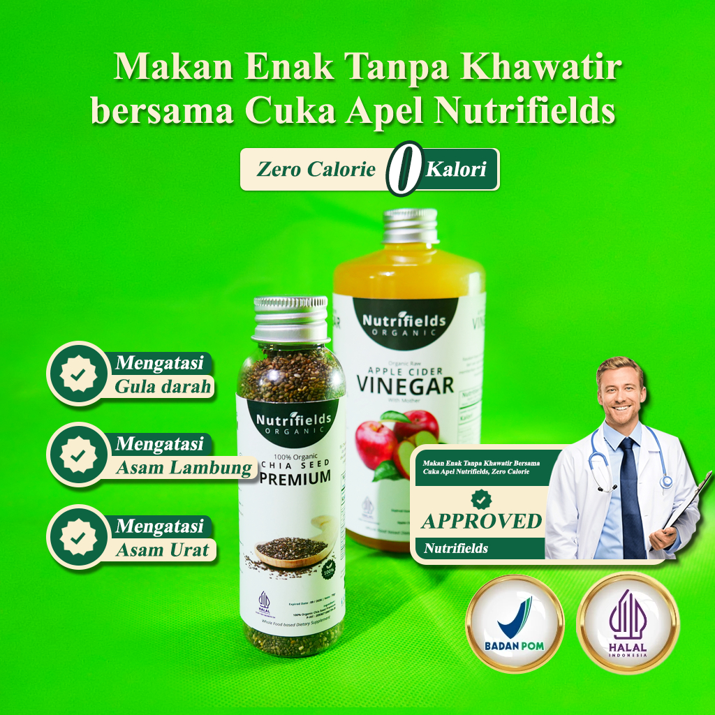 

NUTRIFIELDS PAKET CUKA APEL 500ML DAN CHIA SEED 70GR / Paket Diet Sehat 2 IN 1 PREMIUM ORIGINAL / Diet Detoks APPLE CIDER VINEGAR WITH MOTHER / CUKA SARI APEL ORGANIK