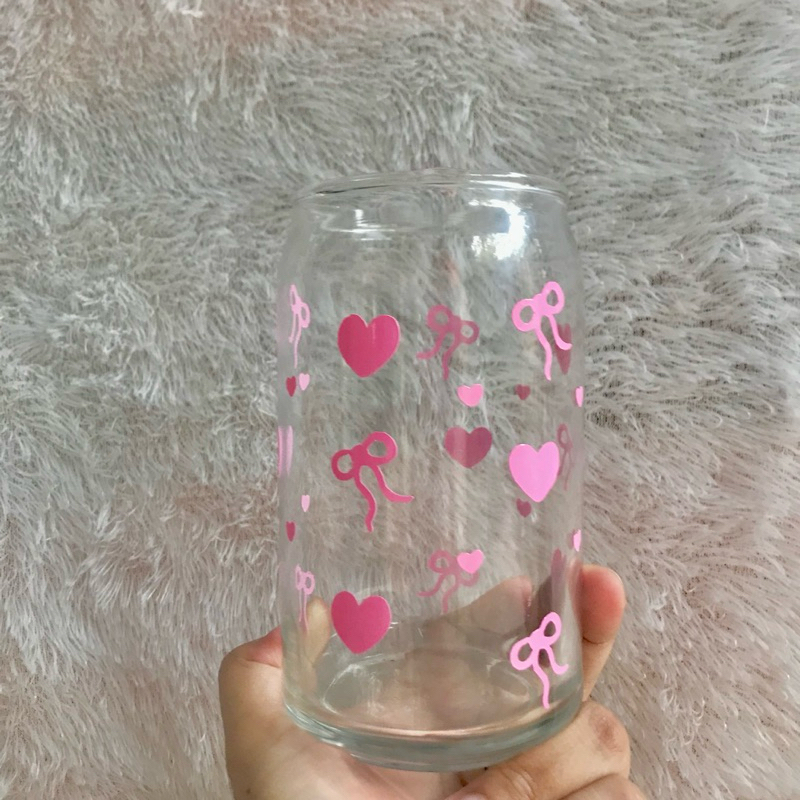 Gelas coquette korea/ gelas kaca aesthetic/ gelas pita pink/ gelas pita/ gelas lucu