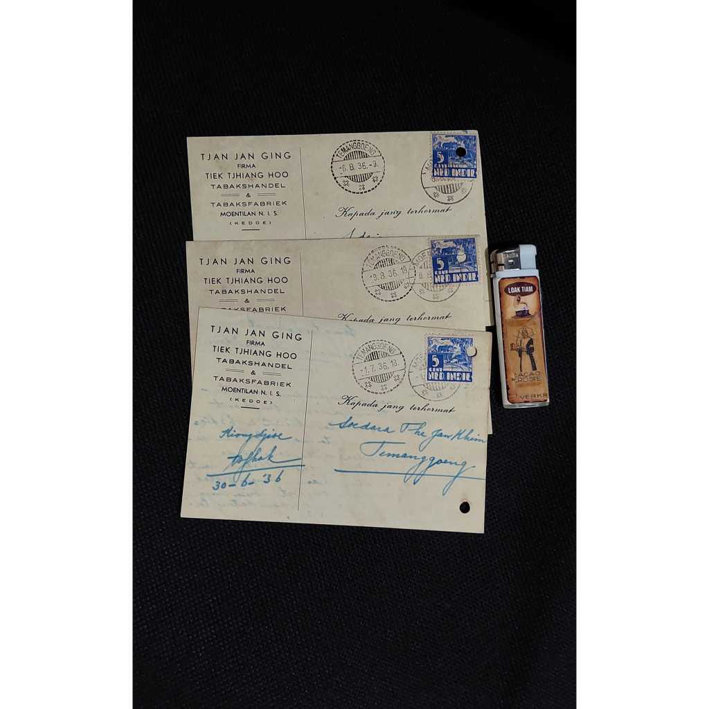 

kartu pos briefkaart vintage authentic 1936 dari kedoe ke temanggoeng 3 lembar