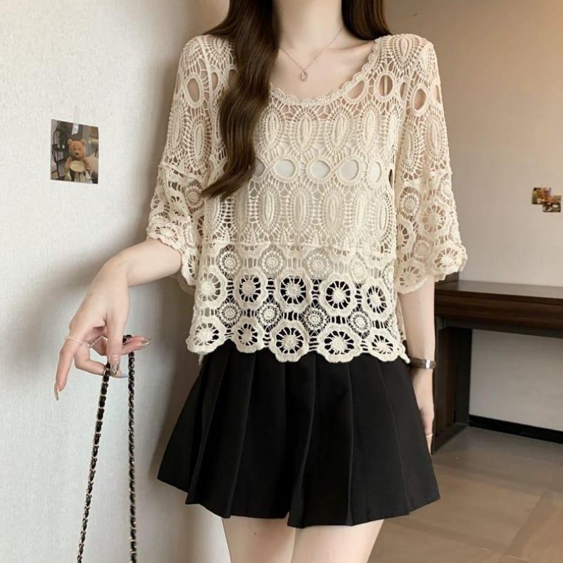 42770 Atasan baju blus bordir bagus mewah modern modis gaya Korea terlaris putih krem Fashion Atasan