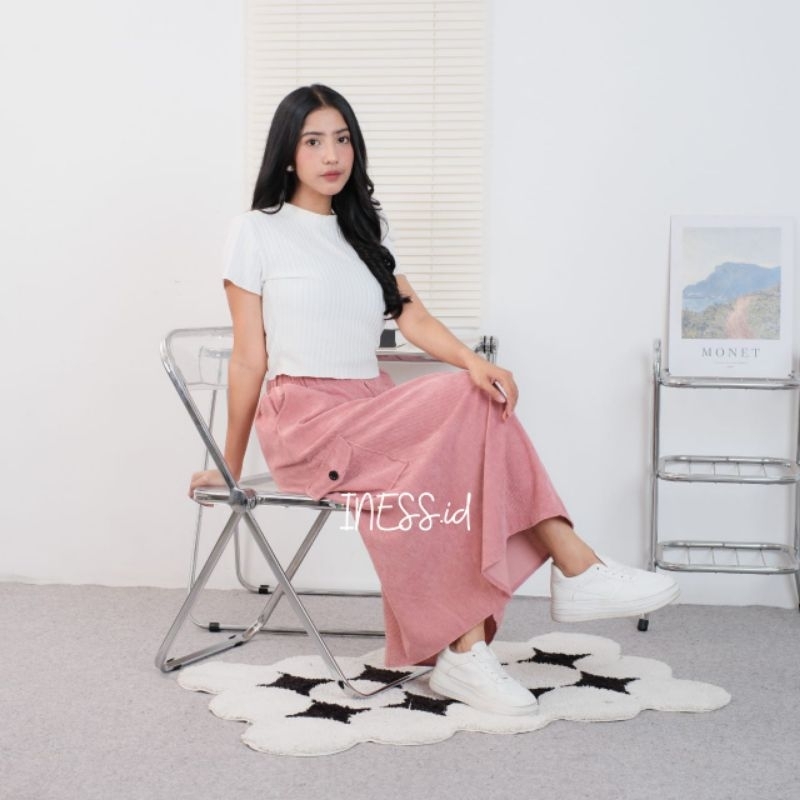 Iness Rok Skrit Cargo Corduroy - Rok Cargo Corduroy Wanita - Rok Polos Basic Wanita Korean Style - I