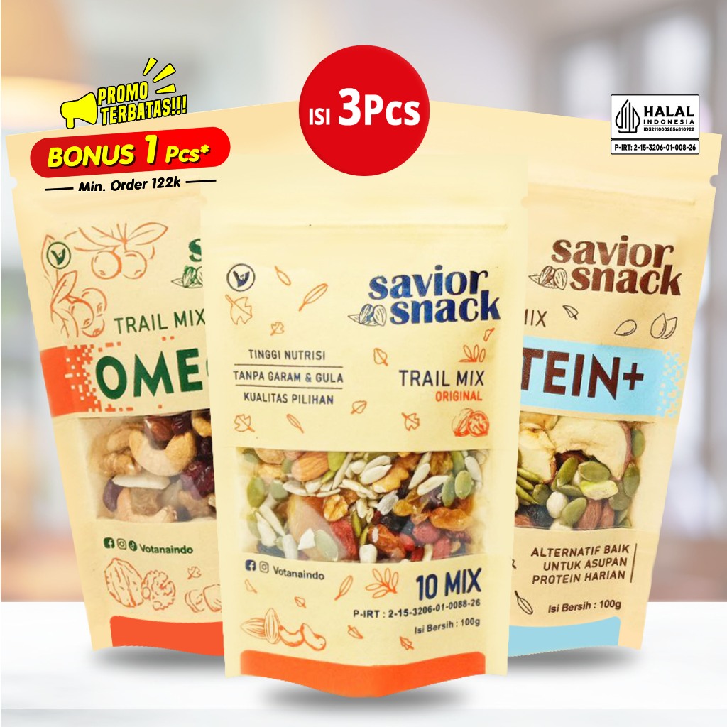 

Cemilan Enak dan Murah 1 Paket Campur Isi 3 Varian Original, Omega+ & Protein+ | Savior Snack | Trail Mix Nuts and Fruit