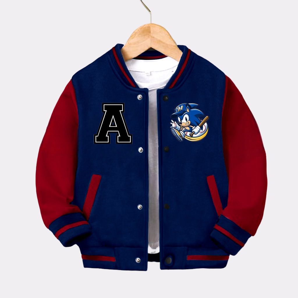 JAKET VARSITY TERBARU GAMBAR SONIC DAN REQUEST HURUF INITIAL A - Z UNTUK ANAK LAKI-LAKI 4 - 13 TAHUN