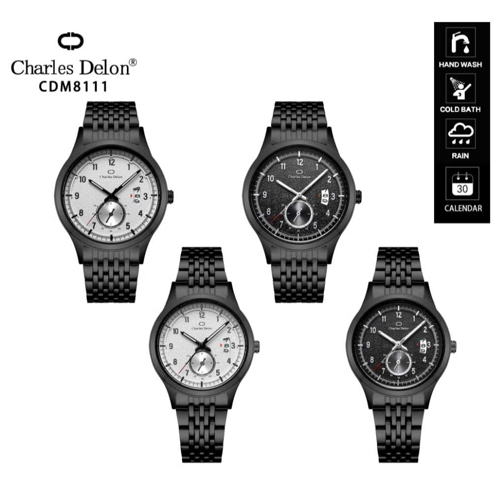 Official CHARLES DELON Watch Free Box Original Jam Tangan Rantai Couple Pria Wanita Analog Kalender 
