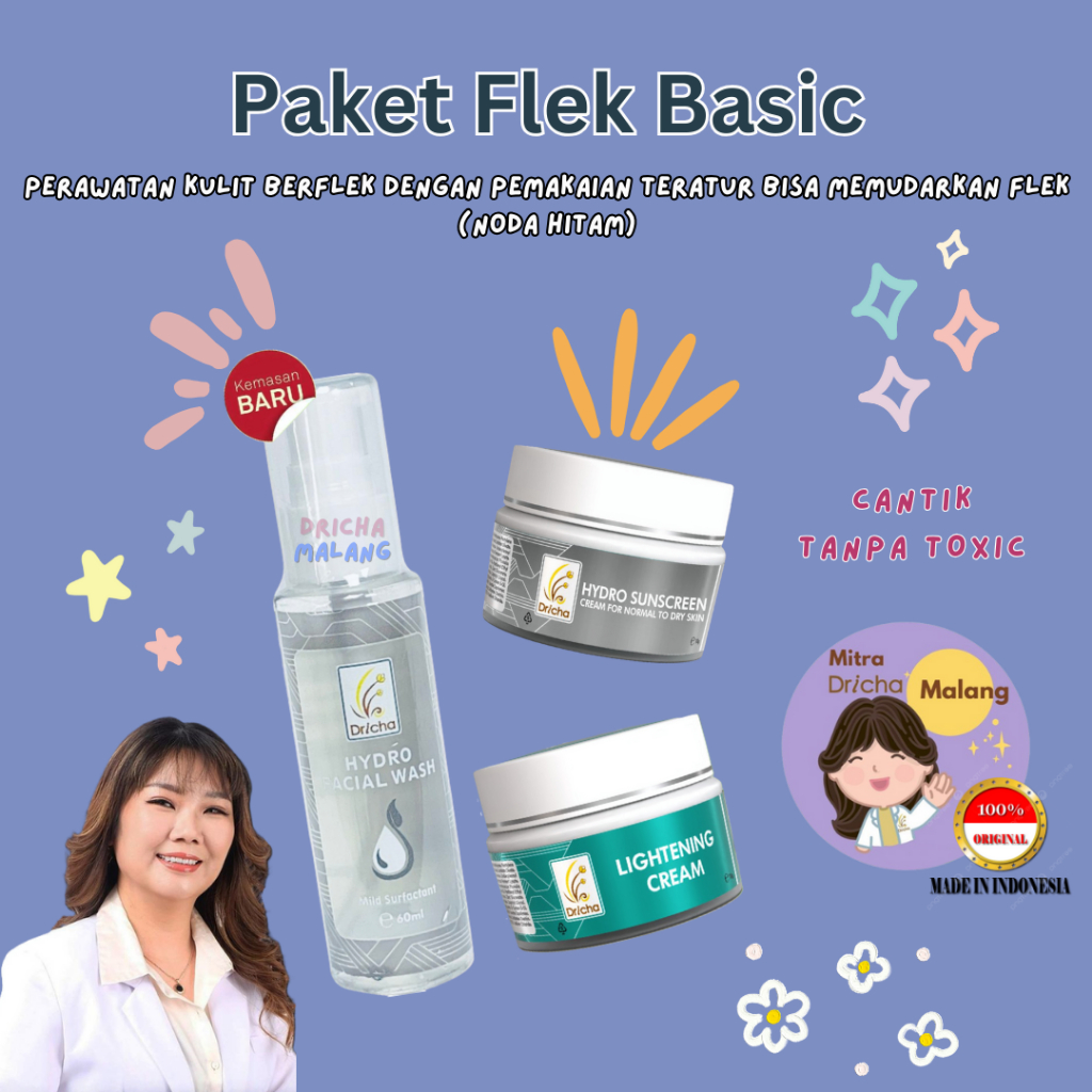 Dricha bundling facial wash hydro+hydro sunscreen+lightening cream(untuk flek ringan)