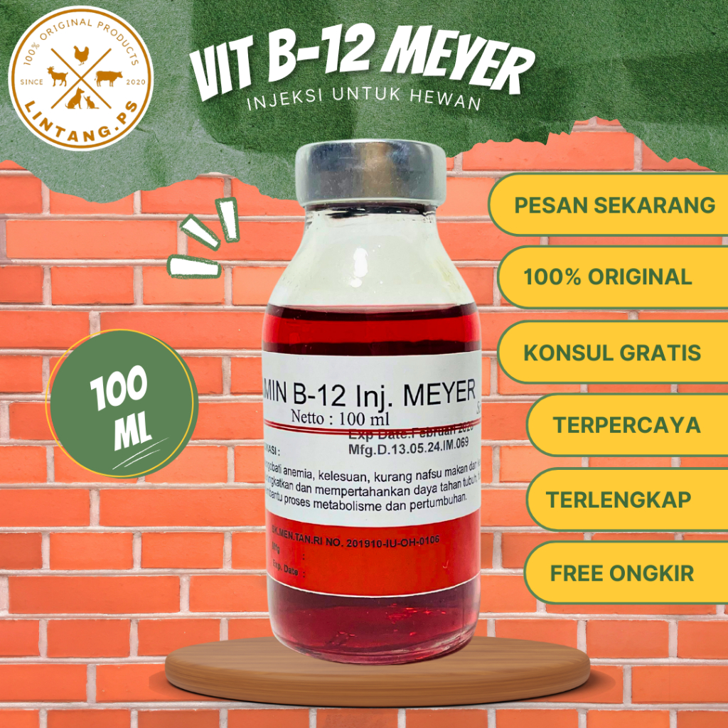 Vitamin B.12 Inj Meyer 100 ml - B-12 Injeksi - Meningkatkan Daya Tahan Tubuh Hewan - B.12 untuk Hewa
