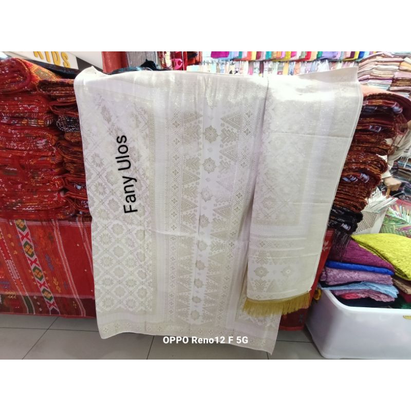 SONGKET MESIN PALEMBANG WARNA PUTIH TULANG TUMPAL PUTIH TEMBAGA SILVER.